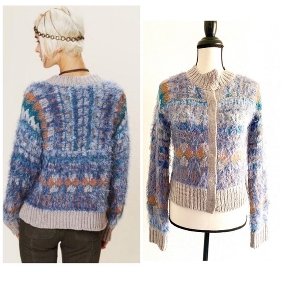 FREE People Blue Wool Alpaca Nordic Party Fuzzy Cardigan Size Medium - Picture 2 of 12